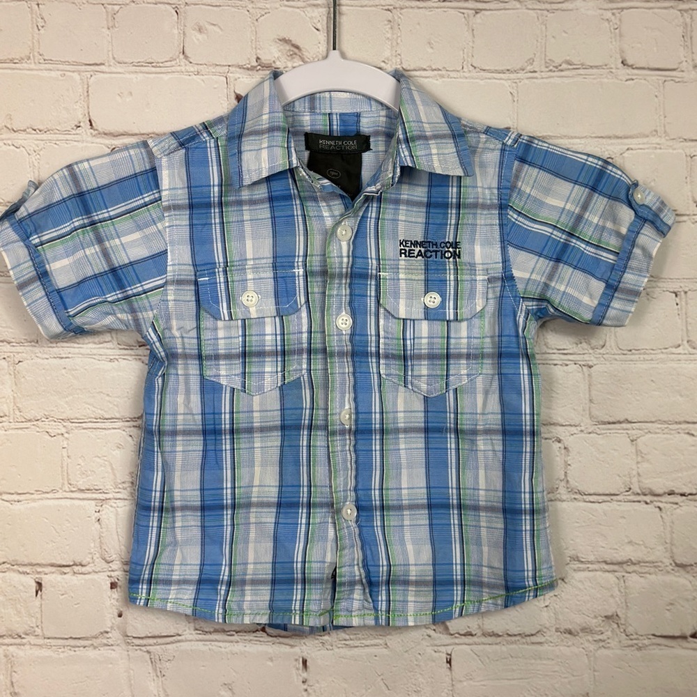 Kenneth Cole Reaction short sleeve button up‎ blue plaid shirt, sz 18 M